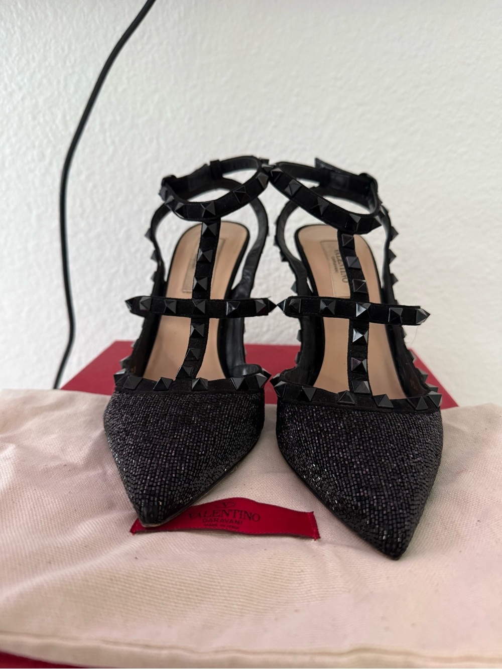 Valentino Garavani Caged Rockstud Crystal Beaded Black Pumps